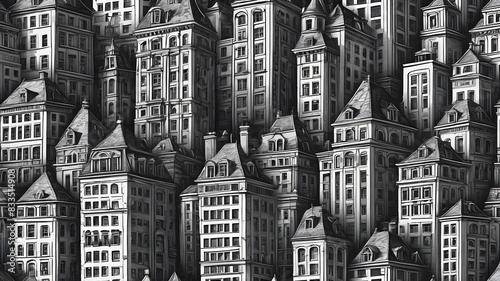 City Seamless Pattern is hand drawing of different building typologies. Illustration is in eps8 vector mode, black fill is on separate layer. Generative AI