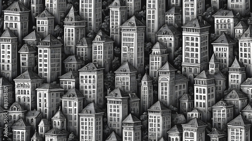 City Seamless Pattern is hand drawing of different building typologies. Illustration is in eps8 vector mode, black fill is on separate layer. Generative AI