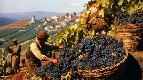 Man picking grapes: Manually picking blue grapes on vineyards to make wine.