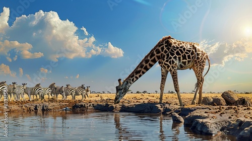 Dramatic African Wildlife Encounter: Giraffe at Watering Hole.