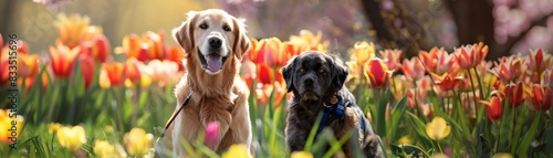 At a vibrant tulip festival a Golden retriever and blue Maine Coon frolic among the flowers