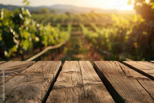 A wooden table top with blur background of vineyard