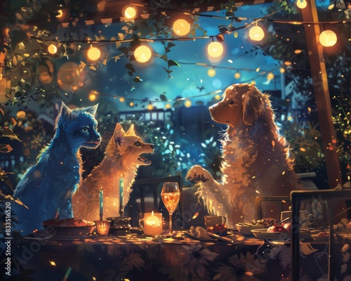 At an elegant rooftop garden a Golden retriever and blue Maine Coon attend a starlit dinner party