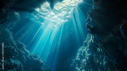 Thecave in deep sea underwater, deep blue water with light shining through above a large dark hole in rocky ground