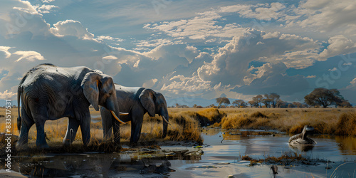 Beautiful Landscape with Elephants by the River, Serene African Elephants by the Waterhole