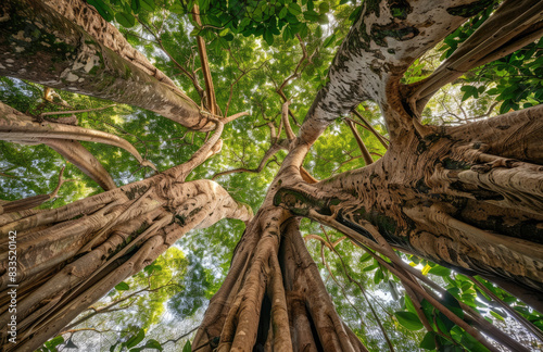 The view from the ground looking up at banyan trees with wide roots, green leaves and thick trunks. The perspective shows that you can see several tree trunks in close distance and their branches