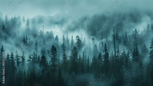 Gloomy depressive landscape - hills covered with forest, fog, overcast, rainy weather