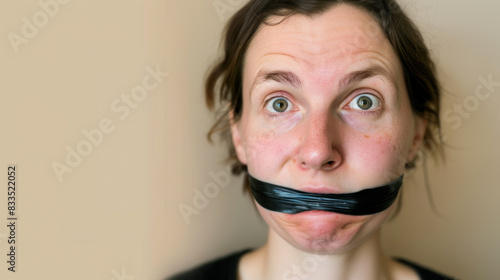 Frightened woman with her mouth sealed with duct tape