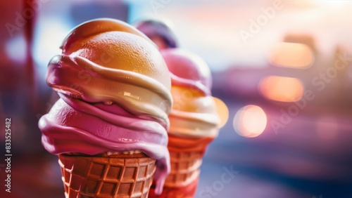 Two ice cream cones with colorful toppings sitting on a table, AI