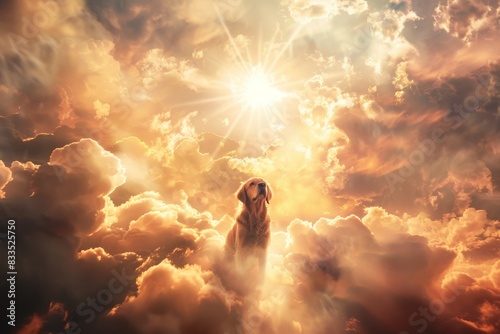 Soulful golden retriever ascends to celestial realm in heavenly light