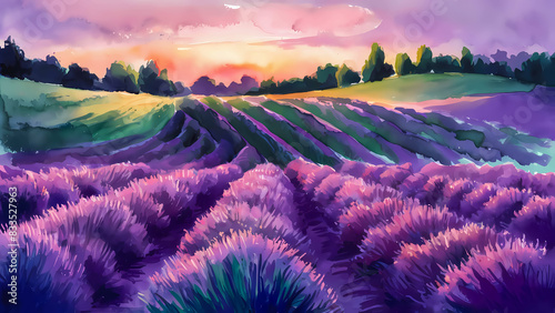 Atmospheric, Picturesque Countryside Charm. Soothing Watercolor Illustration of Lavender Fields Under a Golden Pink Sunset Sky at Twilight