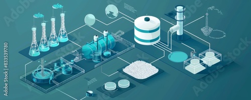 Isometric Illustration of a Modern Desalination Plant Process on a Teal Background