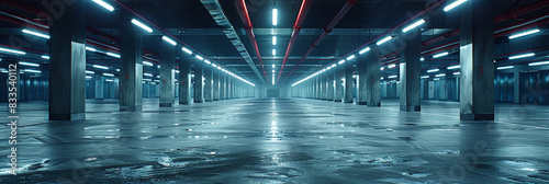 Empty underground parking garage with bright lights and smooth reflective floor, creating a clean and modern urban environment with a sense of spaciousness 