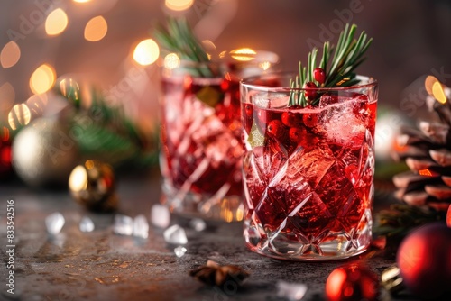 Festive Holiday Cranberry Cocktail with Rosemary Garnish and Christmas Decorations