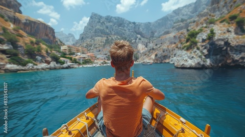 A man at the helm of a modern expensive boat rushes on the blue ocean against the background of the coast of a Mediterranean town and cliffs