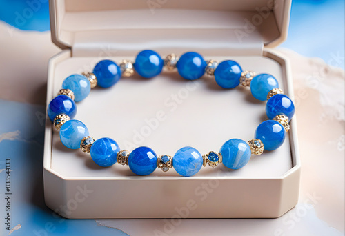 Błękitna bransoletka z agatami ze złotymi wstawkami na pudełku prezentowym na biżuterię