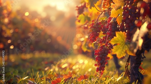 A serene and super realistic image of a vineyard in the fall with colorful leaves and ripe grapes,