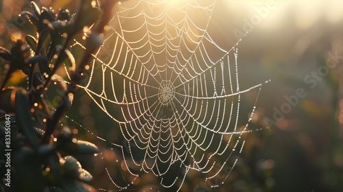 A super realistic close-up of a dew-covered spider web in the morning light,