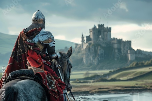 Medieval knight with armor on a horse, castle and a rural landscape in the background, medieval period.