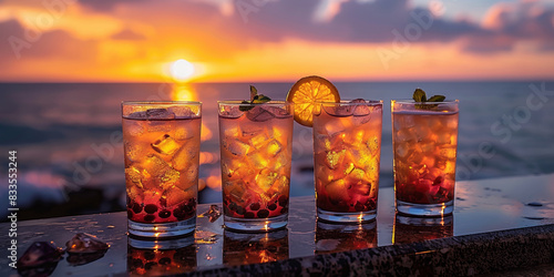 A set of cool cocktails with ice sits on a stone parapet by the beach, perfect for a summer sunset party.