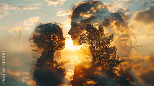A heartwarming scene of two individuals sharing a kiss under a sunset.