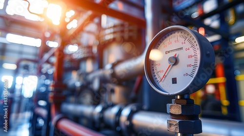 Close-up of a pressure gauge in an industrial factory. Concept of manufacturing, machinery, engineering, production process