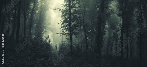 man silhouette walking on a path in a dark fantasy forest