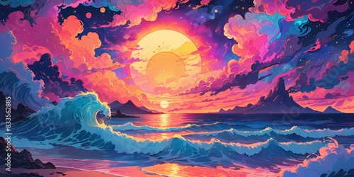 illustration of beautiful sunset at the beach in psychedelic art style