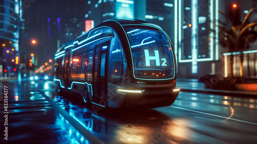 Hydrogen fuel cell vehicles. Futuristic Hydrogen Bus with logo H2, blue glowing in city in night.