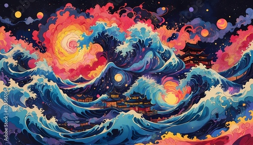 illustration of large waves are moving over a Japanese castle in psychedelic art style
