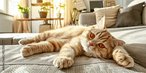 A ginger tabby cat is lying on a sofa. The cat has its paws outstretched and is looking directly at the camera.