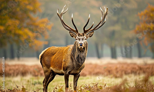 A majestic red deer stag stands in a field of ferns with a blurred background of autumnal trees