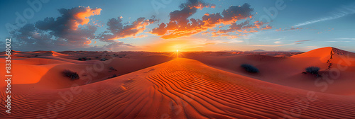 A nature desert during sunset, the sky ablaze with colors, and the sand dunes casting long shadows