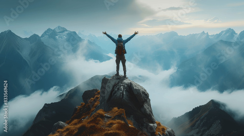 Triumphant Man on Mountain Summit with Panoramic View Celebrates Achievement