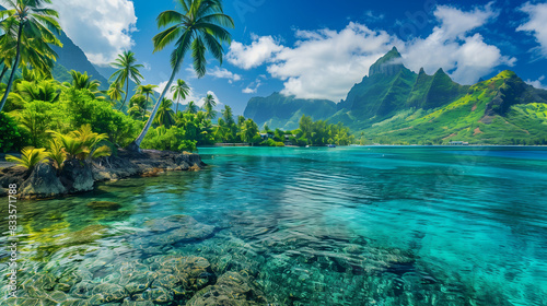 A paradise landscape of one of the islands of French Polynesia, where turquoise waters combined with lush vegetation create a unique atmosphere.
