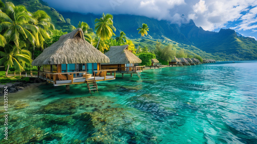 A paradise landscape of one of the islands of French Polynesia, where turquoise waters combined with lush vegetation create a unique atmosphere.