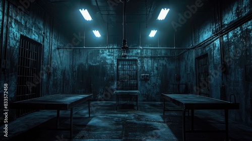 A dark and dirty interrogation room with two tables and a single light bulb.