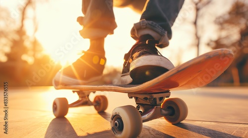 Youngster rides a skateboard along a sunlit street. Focus on the skateboard and the feet of the skateboarder.