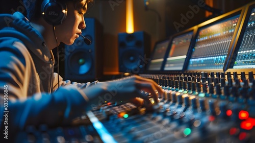 asian young male professional music producer, sound engineer, composer, arranger working in home recording studio. post production and broadcasting concept