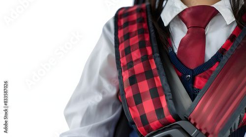 Close up cropped body of young female indonesian schoolgirl with uniform in the car using seatbelt for safety as passenger, going to school in the morning isolated on white background, hyperrealism, p