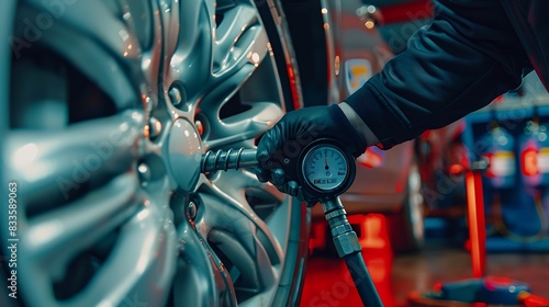 A mechanic inflating a car tire with a digital pressure gauge at a gas station.