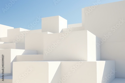 Modern white cubic structures creating a minimalist architectural backdrop