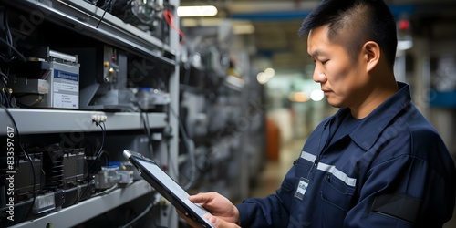 Technician in uniform using tablet for air conditioning filter maintenance inspection. Concept HVAC Maintenance, Technician Uniform, Tablet Usage, Air Conditioning Inspection, Filter Replacement