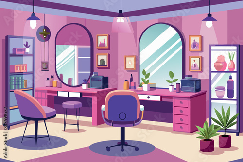 beauty salon interior. It features a purple chair facing a large mirror with reflections, a counter with various beauty products and additional mirrors on the walls.