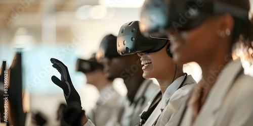 Medical students using VR training setup with haptic feedback gloves for simulation. Concept Medical Simulation Training, VR Technology, Haptic Feedback Gloves, Medical Education, Innovative Learning