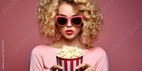 Retro s Style: Blonde Woman with Pink Sunglasses and Popcorn. Concept Retro Fashion, 60s Style, Blonde Woman, Pink Sunglasses, Popcorn Retail