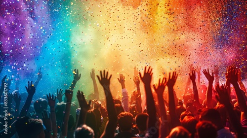 A crowd of people with their hands raised high, celebrating with colorful powder and confetti.