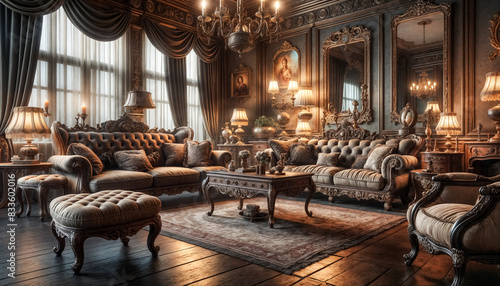 A vintage-style living room with plush furniture and antique decor