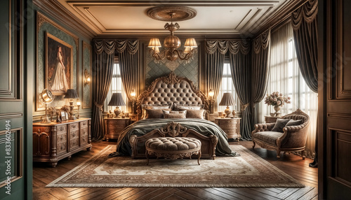 Una camera da letto padronale in stile vintage con tessuti ricchi e scuri e mobili ornat