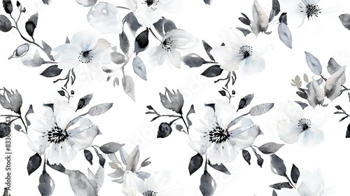 Watercolor florals flat design side view delicate theme water color black and white. Seamless Pattern, Fabric Pattern.